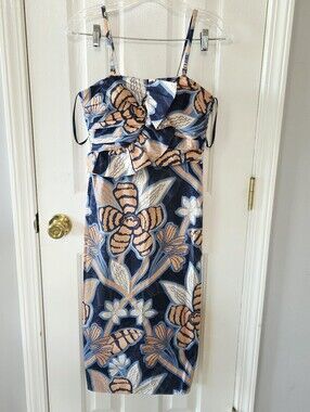 White House Black Market Navy Peach Floral Midi Dress Size 0
